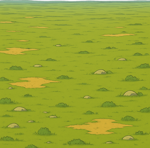 Here’s a prompt for a very distant, wide-angle view of a tree-free forest floor:

**Prompt:**
A very distant, wide-angle aerial view of a tree-free forest floor, showing expansive grassy plains with patches of dirt, scattered rocks, and low vegetation. The terrain stretches far into the horizon with subtle color variations and soft natural lighting, creating a vast, open, and serene natural environment without any trees..
In-Game asset.  2d.  High contrast.  No shadows