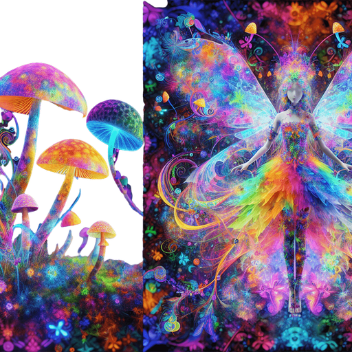 A whimsical fairy girl adorned in vibrant psychedelic colors, seamlessly blending with an array of fantastical mushrooms. Her ethereal form radiates a kaleidoscope of neon hues, creating a mesmerizing aura that dances with every movement. Mushrooms of various shapes and sizes adorn her attire and surroundings, adding an otherworldly charm to her enchanting presence.
Single Game Texture. In-Game asset. 2d. Blank background. High contrast. No shadows.