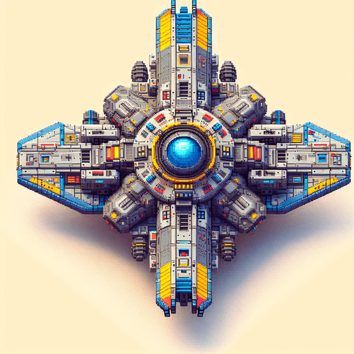 Spaceship like in galaga.
Single Game Texture. In-Game asset. 2d. Blank background. High contrast. No shadows. Straight up and down. Seen from above.