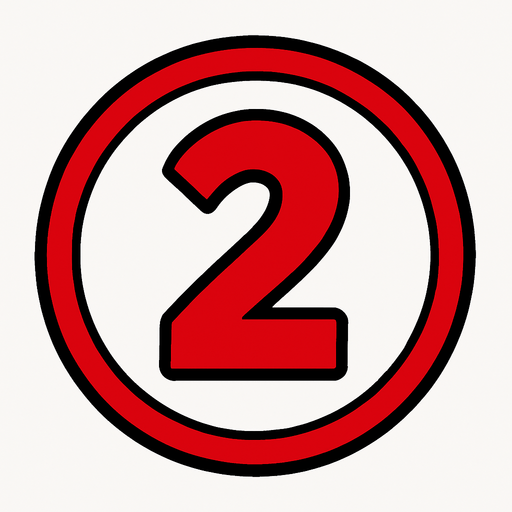 Numero 2 de color rojo dentro de un circulo blanco..
In-Game asset.  2d.  High contrast.  No shadows. Cartoon 2D