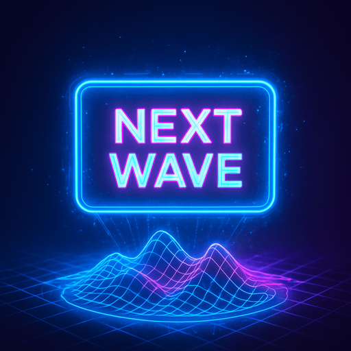 neon cyberpunk glowing NEXT WAVE button blue pink futuristic videogame hologram wave projection simulation