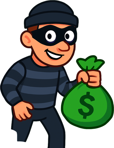 Bu bir oyun menüsü arkaplanı, elinde para çantası tutan 2d bir hırsız altınlar ve paraların olduğu bir odada ekrana bakıyor. canlı renkler.
In-Game asset.  2d.  High contrast.  No shadows