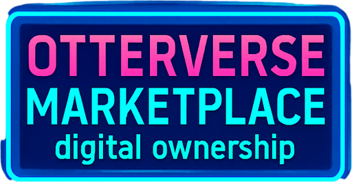 Create a cyber-bazaar corridor lined with glowing vendor pods and digital price tags flickering in neon. A large holoscreen banner reads ‘Otterverse Marketplace - digital ownership’ Include floating ad drones, steam jets from vents, and reflective floor panels—no visible characters or coins..
In-Game asset.  2d.  High contrast.  No shadows