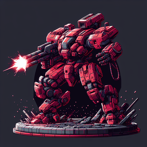 red robot look like gundam shoot enemy.
Single Game Texture.  In-Game asset.  2d.  Blank background.  High contrast.  No shadows