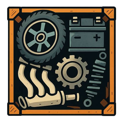 Car parts in crate top down.
In-Game asset.  2d.  High contrast.  No shadows