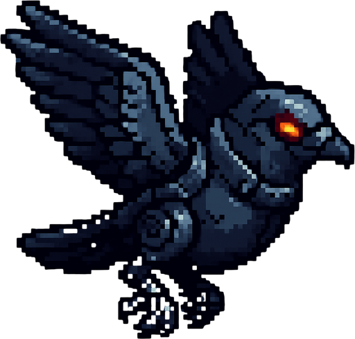 Pixel art of an evil pigeon with robotic parts, red glowing eyes, and tiny armor. Flying pose, side view, 2D pixel sprite for an arcade game.
In-Game asset.  2d.  High contrast.  No shadows
