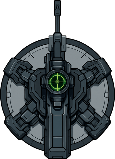 top-down view, futuristic sniper defense tower, mechanical turret base, integrated long-range scope with green targeting reticle, high-tech cyberpunk machine parts, sleek tower design, circular top down, symmetrical.
In-Game asset.  2d.  High contrast.  No shadows