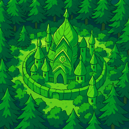 image top down hutan pinus luas yang ditengahnya terdapat kerajaan peri daun. 2d anime.
In-Game asset.  2d.  High contrast.  No shadows