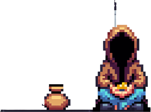 pixel art beggar.
Single Game Texture. In-Game asset. 2d. Blank background. High contrast. No shadows.