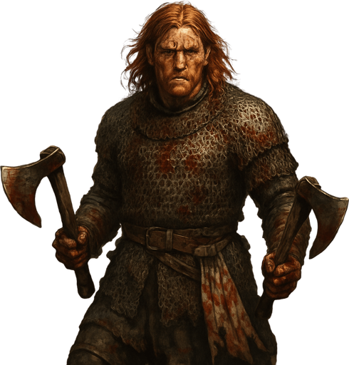 A brutal mercenary captain in blood-stained chainmail, wielding twin axes. Male, 40 years old, muscular and wild, shoulder-length red hair, fiery amber eyes, freckled and scarred face. A severed banner tied to his belt, his hands wrapped in bloodied leather. He stands amidst fallen enemies in a smoky battlefield. Realistic, highly detailed, brutal war setting. realistic.
In-Game asset.  2d.  High contrast.  No shadows