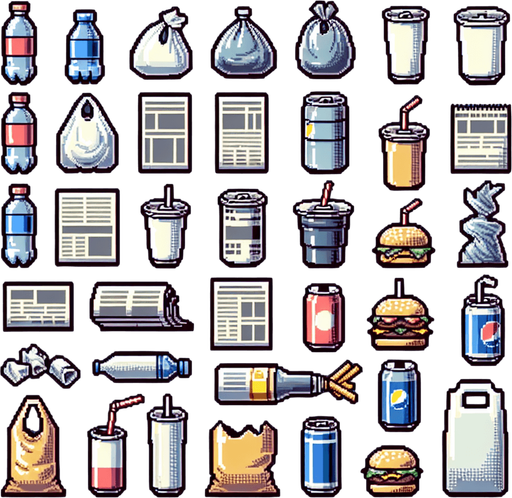 Big Sprite sheet of the most symbolic consumer waste: plastic bottle, plastic bag, can, newspaper sheet, empty hamburger wrapper, can, disposable cup with straw, opened bag of chips, opened can, and others....
game sprite sheet. blank background