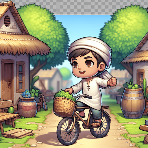 A village a boy run a cycle.
Single Game Texture. In-Game asset. 2d. Blank background. High contrast. No shadows.