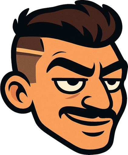 Cartoon-style head of a “keko” character inspired by Turkish street culture. The sides of his hair are shaved short, and the top is longer with volume. A clear razor line is cut into the left side of his hair. He has a thin mustache, thick eyebrows, and half-closed, confident eyes. His expression is bold and slightly smug. Skin tone is tan or medium. Facial features are sharp and masculine. The style is cartoonish, not realistic. The background is simple to keep focus on the head. The head is slightly tilted forward, as if flying like in Flappy Bird. Add a playful but tough street vibe..
In-Game asset.  2d.  High contrast.  No shadows