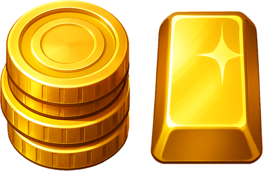 Crea un icono de oro que represente el recurso monetario. Debe ser una pila de monedas de oro brillante o un lingote de oro, visto directamente desde arriba. La superficie superior debe mostrar un brillo metálico y detalles que simulen el relieve de monedas o la textura pulida de un lingote..
In-Game asset.  2d.  High contrast.  No shadows