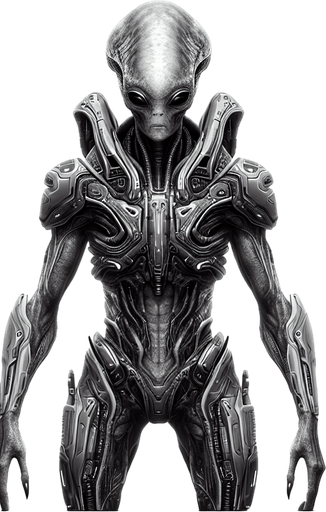 An alien with high tec weaponry and armory.
Single Game Texture.  In-Game asset.  2d.  Blank background.  High contrast