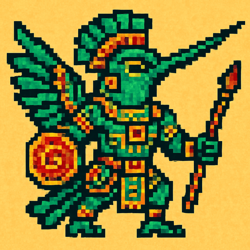 Generame un guerrero voaldor Colibrí esmeralda del Chiribiquete estilo azteca con patrones, estilo pixelar.
In-Game asset.  2d.  High contrast.  No shadows