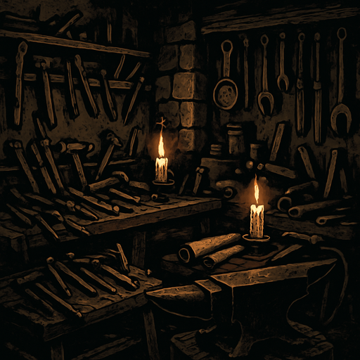 A medieval craftsman's workshop, cluttered with wooden tools, candlelight flickering on iron anvils and scrolls, stone walls, dusty air, dark fantasy realism.
In-Game asset.  2d.  High contrast.  No shadows