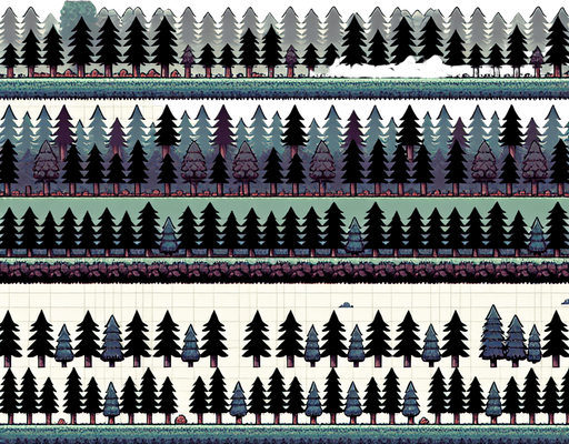 A repeating background tree layer for an endless runner.
Single Game Texture. In-Game asset. 2d. Blank background. High contrast. No shadows.