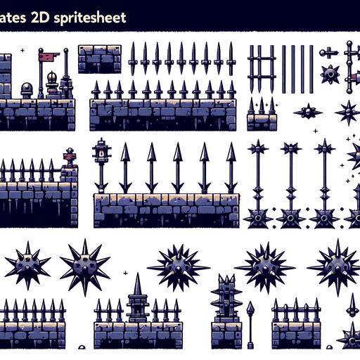 A spritesheet in sideperspectie showing various platform for a platformer game, some of them with medieval spilketraps or sets of spiked pallisades..
Single Game Texture. In-Game asset. 2d. Blank background. High contrast. No shadows.