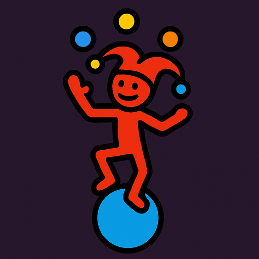 Red stickman that is a jester that is on a blue ball and is juggling.
In-Game asset.  2d.  High contrast.  No shadows
