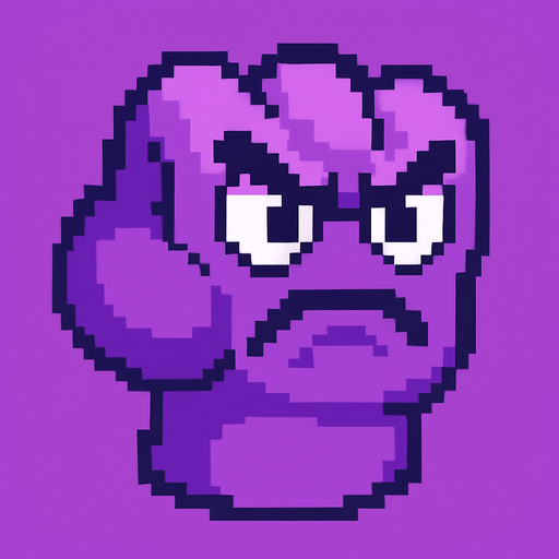 make a purple 2d pixel punch with eyes and angry face.
In-Game asset.  2d.  High contrast.  No shadows