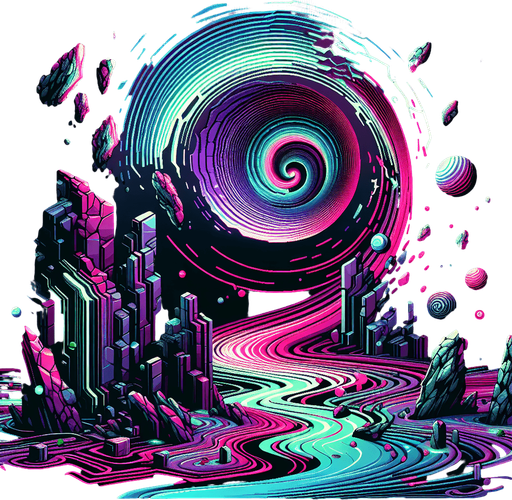 Backdrop: A warped reality scene with twisting, fragmented terrain and a swirling vortex in the background.

Colors: Deep purples, neon pinks, and electric greens.

Details: Fractured floating rocks and glitch-like patterns..
Single Game Texture. In-Game asset. 2d. Blank background. High contrast. No shadows.