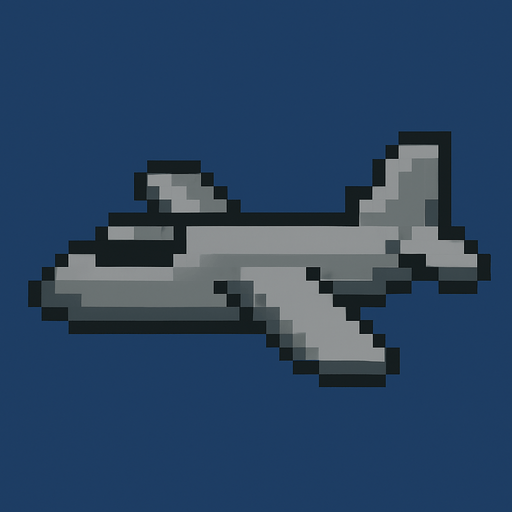 Avión de color gris sin ruedas 8 bit.
In-Game asset.  2d.  High contrast.  No shadows