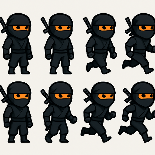pack of frames of standing & running animation of full body of a ninja character, black color outfit, eyes bondage orange, have sword behind it. HD colors.
In-Game asset.  2d.  High contrast.  No shadows