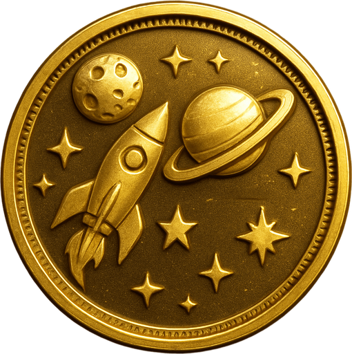 Uzay temalı altın coin, gerçekçi, yazısız üstten görünüm. 
In-Game asset.  High contrast.  No shadows