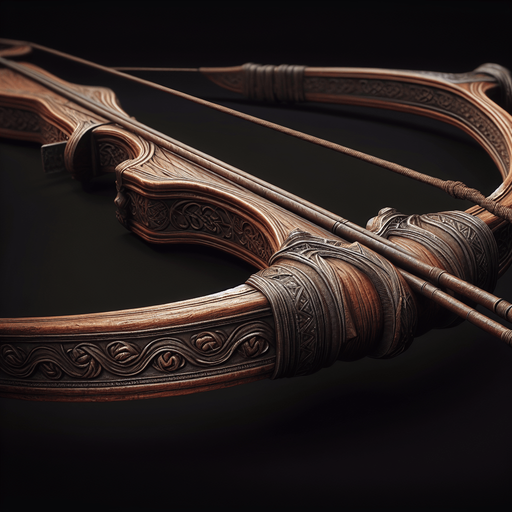 A rugged medieval bow with a wooden frame and slightly frayed string, perfect for a fantasy setting..
Game asset. Rustic and worn. Medieval fantasy style. High detail with visible wood grain.