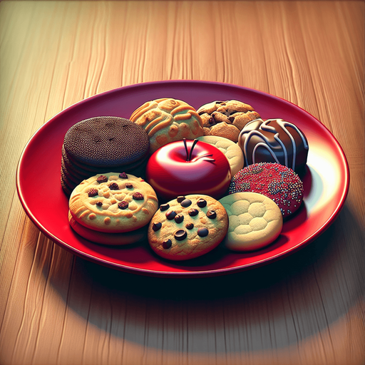 photorealistic red plate of cookies, profile view.
