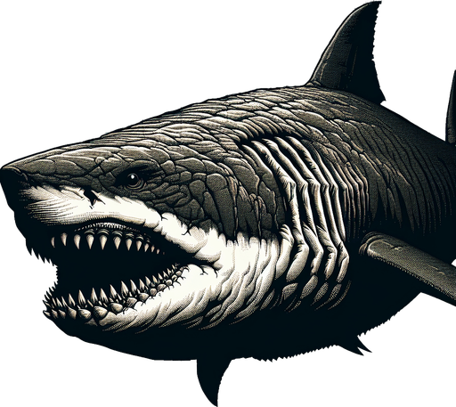 Megalodon shark.
Single Game Texture.  In-Game asset.  2d.  Blank background.  High contrast.  No shadows