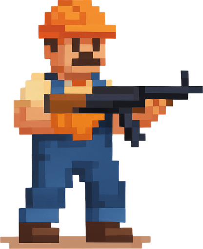 un hombre obrero hecho con pixeles de cuerpo completo sosteniendo un arma