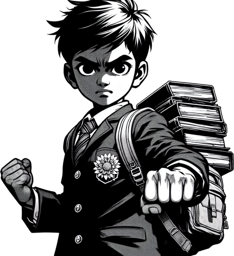 A school kid ready to punch.
Single Game Texture.  In-Game asset.  2d.  Blank background.  High contrast.  No shadows