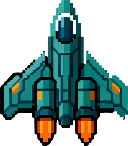 Una nave espacial futurista mirada desde arriba en pixel art.
In-Game asset.  2d.  High contrast.  No shadows