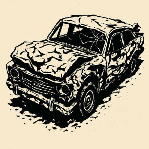 Coche destruido, algo retro visto desde arriba y en posición horizontal.
In-Game asset.  2d.  High contrast.  No shadows