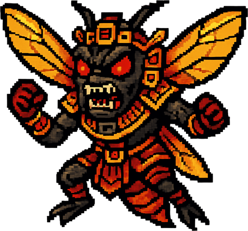 Genérame una Chicharra guerrero azteca con eso patrones, estilo pixelar, con una apariencia maligna, ojos rojos, rabioso. Unidad aerea con alas. Animal.
In-Game asset.  2d.  High contrast.  No shadows