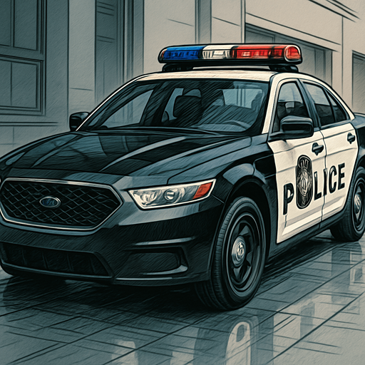 A highly detailed 2D illustration of a modern police car, viewed from a 3/4 front angle. The car should feature realistic proportions, reflective black and white paint, a visible police logo on the doors, detailed sirens and light bars on top, chrome accents, visible tires with tread, a front grille with texture, and a clean, urban background with street reflections. Emphasize realism and intricate detail, with proper shading and highlights to give a semi-realistic hand-drawn look. The style should combine comic art with technical illustration.
In-Game asset.  2d.  High contrast.  No shadows