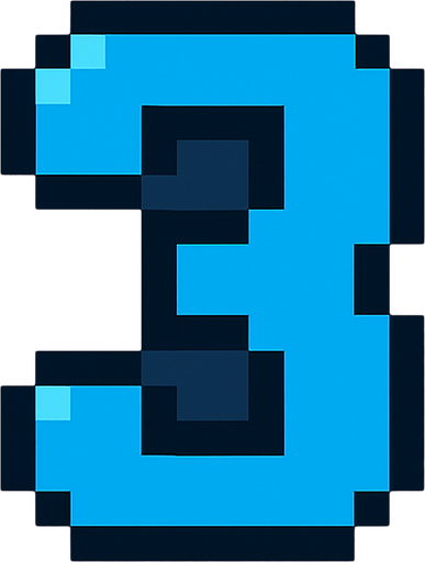 Número 3 azul, pixelart.
In-Game asset.  2d.  High contrast.  No shadows
