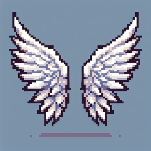 An icon of white wings. Pixel art..
Single Game Texture.  In-Game asset.  2d.  Blank background.  High contrast.  No shadows