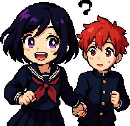 A cute anime-style girl with an emo aesthetic and striking purple eyes wears a traditional Japanese school uniform (sailor fuku). With a wide, toothy smile and sparkling eyes full of excitement, she runs joyfully while holding hands with a sweet red-haired boy with vivid red eyes, dressed in a classic gakuran school uniform. The boy, surprised and slightly flustered, has a question mark floating above his head as he's pulled along by the girl's energy. Behind them stretches a Japanese school hallway, all rendered in a charming Pixel Art style.