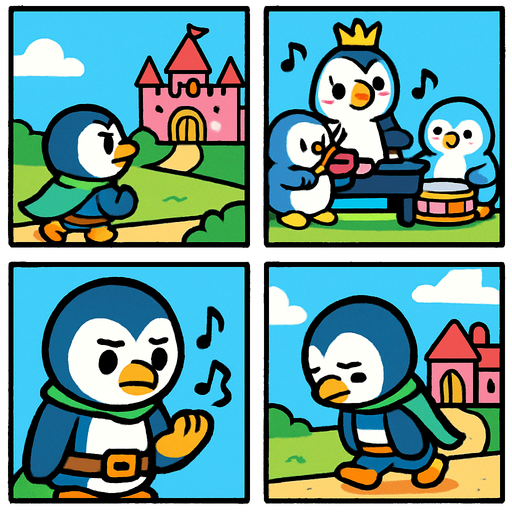 4-panel comic strip, no text, cute cartoon style, bright colors, black outlines.
Characters: Penguin Hero (small, determined) + Penguin Princess (elegant, crown) + Village Penguins
Central Theme: Music connects hearts, piano mastery wins love.  Hero doubts himself, thinks he's not good enough

Panel 1: Hero tries to approach Princess's palace but stops
Panel 2: Sees other talented penguins playing instruments near Princess
Panel 3: Hero looks at his flippers sadly, musical notes are wobbly/off-key
Panel 4: Hero walks away discouraged, head down.
In-Game asset.  2d.  High contrast.  No shadows