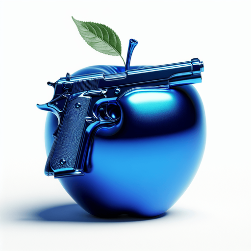 a blue apple with a gun.
In-Game asset. Blank background. High contrast.