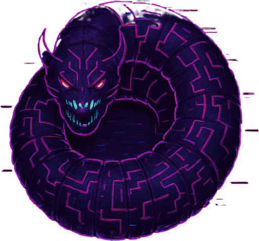 giant worm-like virus creature, segmented body, glowing circuit patterns, top-down view, menacing style, glitch effects, sci-fi, dark purple and neon accents, symmetrical, circular..
In-Game asset.  2d.  High contrast.  No shadows