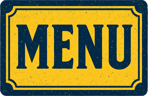 Menu yazan yatay bir resim oluştur . Arka Planı olmasın . Sarı Lacivert bir resim olsun.  retro temada olsun.
In-Game asset.  2d.  High contrast.  No shadows