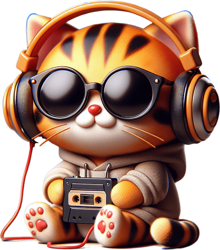 The character in the image transforms into a music-loving cat, retaining its cartoon-style appearance as an orange tabby with distinctive stripes. This cat's round face is now partially obscured by a large set of headphones, resting snugly over its big black eyes, which peek out just below oversized, round, dark opaque sunglasses. The headphones connect to a classic walkman, cradled in its paw, showcasing the cat's love for retro music vibes. Despite its prominent, exaggerated red pout shaped like a duck's bill, the cat seems even more relaxed and content as it loses itself in the melodies. Its body, smaller in proportion to its head, accentuates its adorable, chubby look, further emphasized by its simple, light-colored hoodie with a drawstring. Sitting with paws in front and a walkman in hand, the cat's relaxed posture now takes on a rhythm of its own, embodying the blissful escapism found in music. This updated portrayal, merging playful charm with a passion for tunes, perfectly suits a mascot for music education apps or as a delightful character in children's stories about the joy and universal language of music..
Single Game Texture. In-Game asset. 2d. Blank background. High contrast. No shadows.