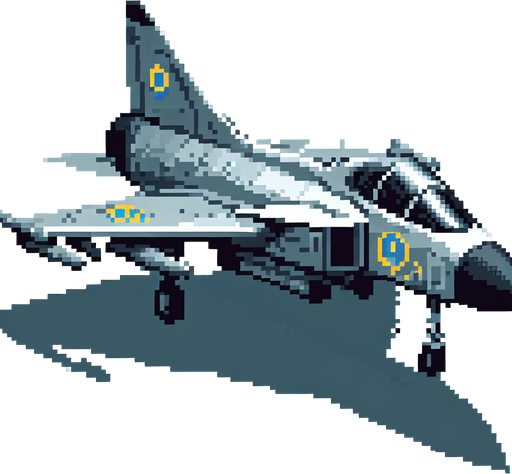 Pixel art of a Saab Viggen, the Swedish fighter jet..
Single Game Texture.  In-Game asset.  2d.  Blank background.  High contrast.  No shadows