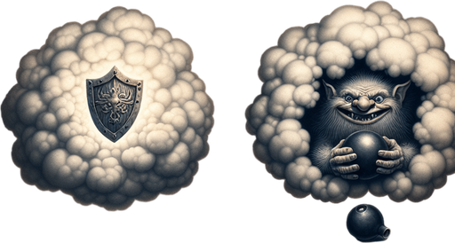 a pergament with a snowball and two clouds, in one cloud is a powerful shield hidden, in a other cloud is a grinding grinch with a bomb.  There is the text: "Everything can be hidden in the clouds. Throw a snowball to see what is there."