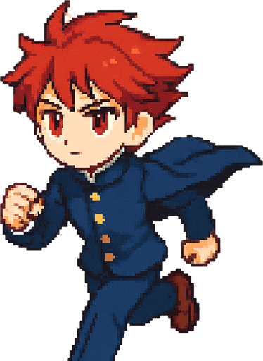 A cute 15-year-old red-haired boy with intense red eyes, wearing a traditional Japanese school uniform (gakuran). He's running down the street with a serious and confident expression. Despite his determined look, his appearance remains sweet and endearing. His gaze is focused straight ahead, with the wind gently lifting his hair and school jacket. The scene is illustrated in Pixel Art style..
In-Game asset.  2d.  High contrast.  No shadows