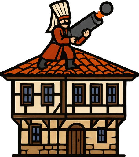 tripleks bir osmanlı evi çiz. Çatısında top mermisi ateşlemek üzere olan bir yeniçeri askeri olsun.
In-Game asset.  2d.  High contrast.  No shadows